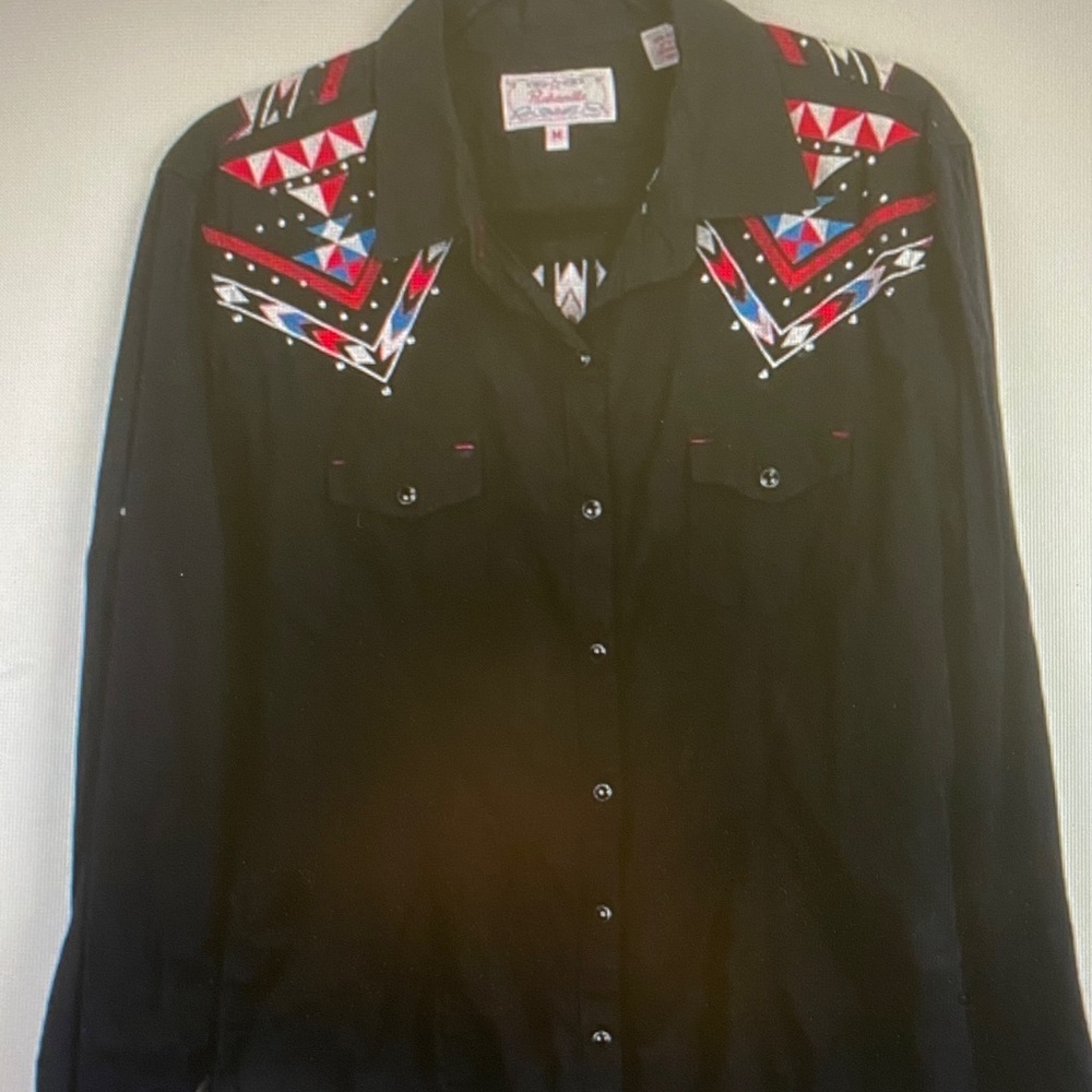Black Western Button-Down Shirt with Red & Blue Embroidered Yoke